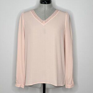 LOFT Blush Pink V-Neck Blouse with Crochet Lace Trim - Size XSmall